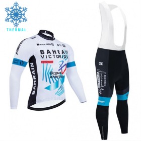 Set Fietsshirt Lange Mouw + Lange Koersbroek 2025 Bahrain Victorious Winter Thermal Fleece Wit